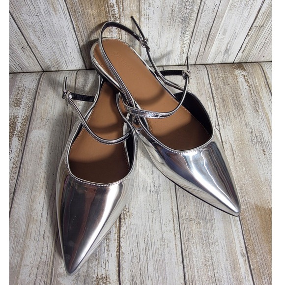 The Drop Women Metallic Silver Pointed Toe Slingback Mary Jane Flats Shoes - Picture 2 of 11